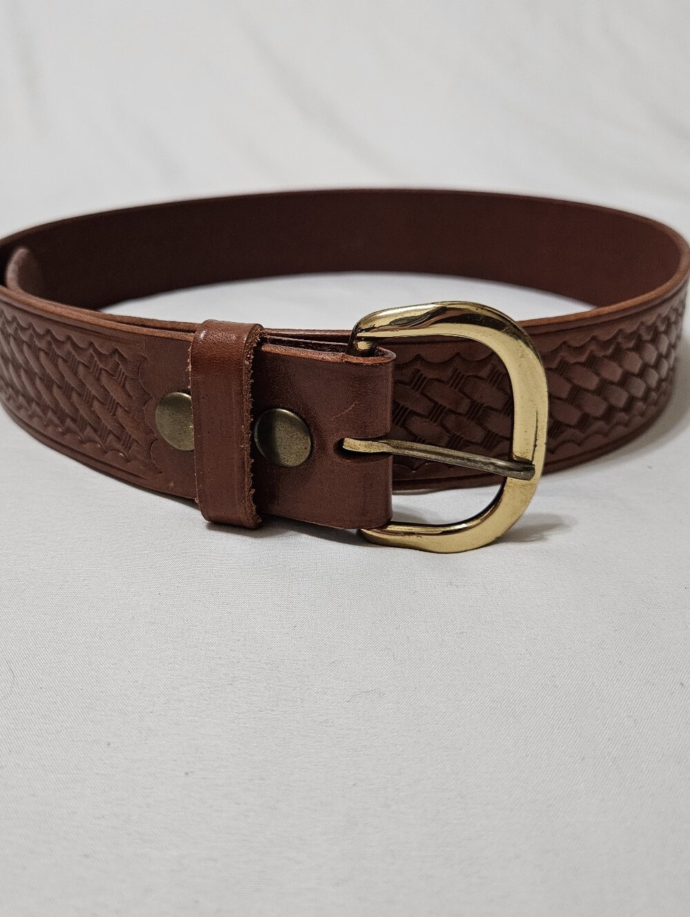 BIANCHI B8 Belt 1.75" Wide Brass Buckle BASKET WEAVE Embossed Leather Size 34